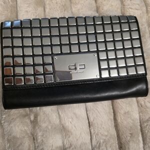 MICHAEL MIchael Kors Studded Silver Mirror Tile Clutch with Black Leather